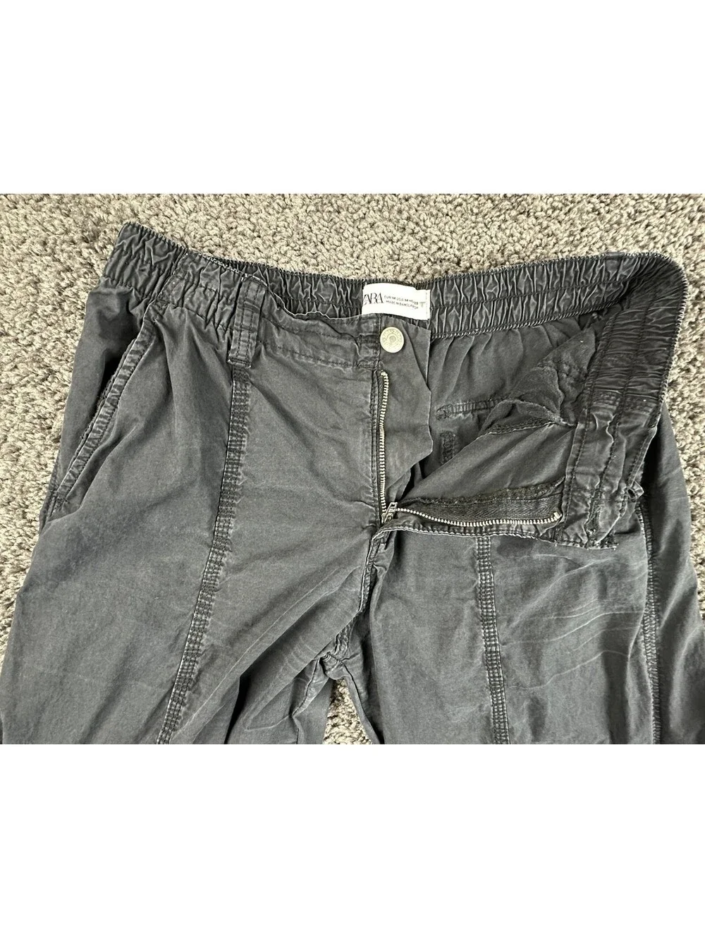 Zara Mens Wide Leg Cargo Pants Baggy Multi Pocket Washed Gray Black Size M
